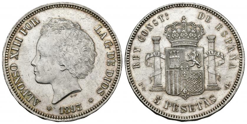 846   -  ALFONSO XIII. 5 pesetas. 1893* 18-93. Madrid. PGL. AR 24,97 g. 37,73 mm. VII-185. EBC+/EBC.