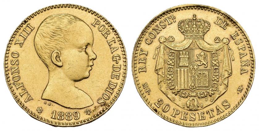 847   -  ALFONSO XIII. 20 pesetas. 1889 *18-89. Madrid. MPM. AU 6,46 g. 21,26 mm. VII-194. Limpiada. EBC-.