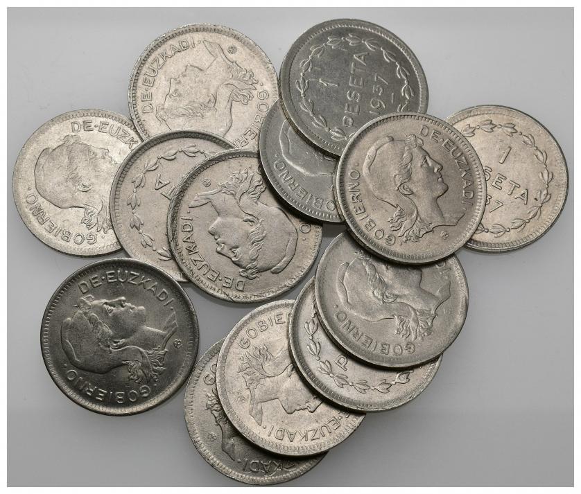 848   -  GUERRA CIVIL. Lote de 13 monedas de 1 peseta 1937. Gobierno de Euzkadi. EBC-/EBC.