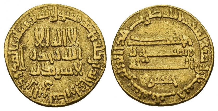 853   -  MONEDAS EXTRANJERAS. MUNDO ISLÁMICO. Abbasíes. Harum al-Rasid. Dinar a nombre de Yafar. Sin ceca (Misr). 183 H. AU 4,23 g. 17,8 mm. Bernardi-69. MBC.