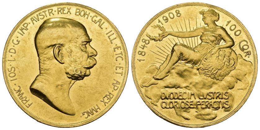858 - MONEDAS EXTRANJERAS. AUSTRIA. Francisco José I. 100 coronas. 1908. LX aniversario del reinado. AU 33,9 g. 36,9 mm. KM-2812. Leves golpecitos en canto. B.O. EBC+. Rara.