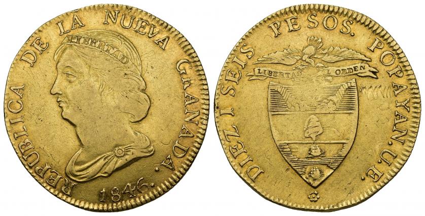 860   -  MONEDAS EXTRANJERAS. COLOMBIA. 16 pesos. 1846. Popayán. UE. AU 26,87 g. 35,7 mm. KM-94.2. Grafito en rev. Golpes en canto. MBC-.