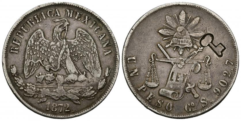 861   -  MONEDAS EXTRANJERAS. CUBA. Resello llave sobre 1 peso de México. 1872. Gº S. AR 27 g. 37,6 mm. KM-7. MBC/MBC+.