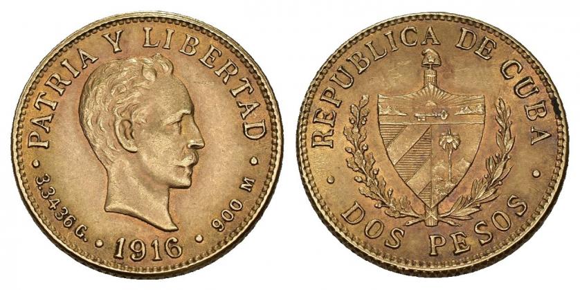 862   -  MONEDAS EXTRANJERAS. CUBA. 2 pesos. 1916. AU 3,34 g. 16,3 mm. KM-17. EBC+.