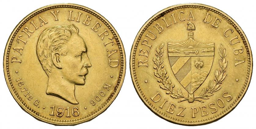 864   -  MONEDAS EXTRANJERAS. CUBA. 10 pesos. 1916. AU 16,74 g. 16,9 mm. KM-20. EBC.
