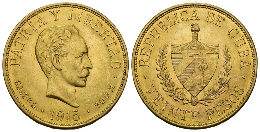 865   -  MONEDAS EXTRANJERAS. CUBA. 20 pesos. 1915. AU 33,47 g. 34,1 mm. KM-21. B.O. EBC/EBC+.
