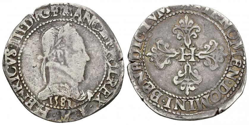 872   -  MONEDAS EXTRANJERAS. FRANCIA. Enrique III. 1 franco. 1581. Burdeos. A/ Fecha debajo del busto. AR 13,90 g. 35 mm. Dup-1130. MBC/MBC.