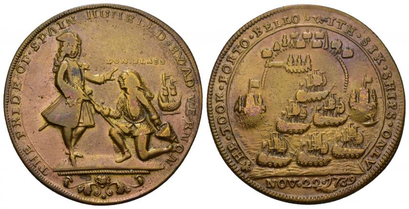 874   -  MONEDAS EXTRANJERAS. GRAN BRETAÑA. Medalla del almirante Vernon. Toma de Portobello, 1739. "Don Blass" arrodillado. AE 14,5 g. 37,5 mm. MBC-/MBC.