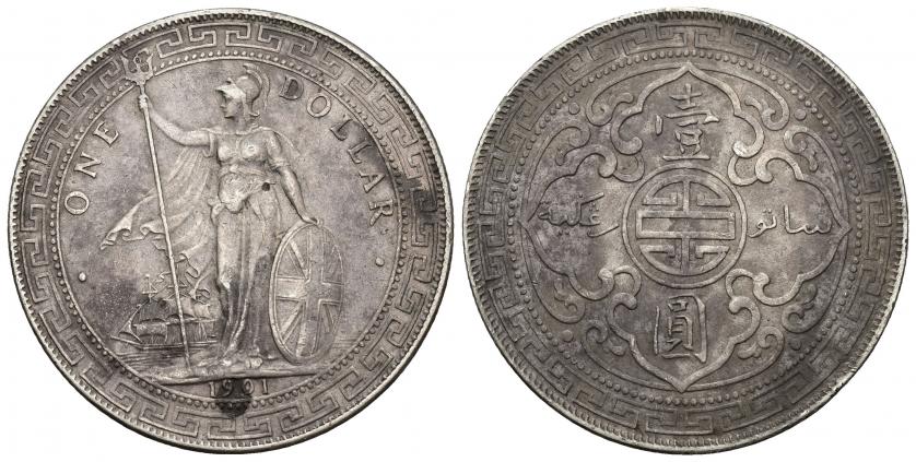 876   -  MONEDAS EXTRANJERAS. GRAN BRETAÑA. Eduardo VII. Trade dollar. 1901. Bombay. AR 26,95 g. 38,9 mm. KM-T5. Manchitas. MBC+.