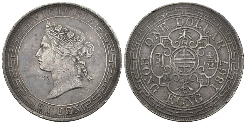 878   -  MONEDAS EXTRANJERAS. HONG-KONG. Dólar. 1867. AR 26,89 g. 38,6 mm. KM-10. Pequeñas marcas. MBC. Escasa.
