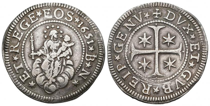 879   -  MONEDAS EXTRANJERAS. ESTADOS ITALIANOS. Génova. 1/2 escudo. 1651. IB-N. AR 18,9 g. 37,1 mm. CNI-3. MIR-294.13. MBC.