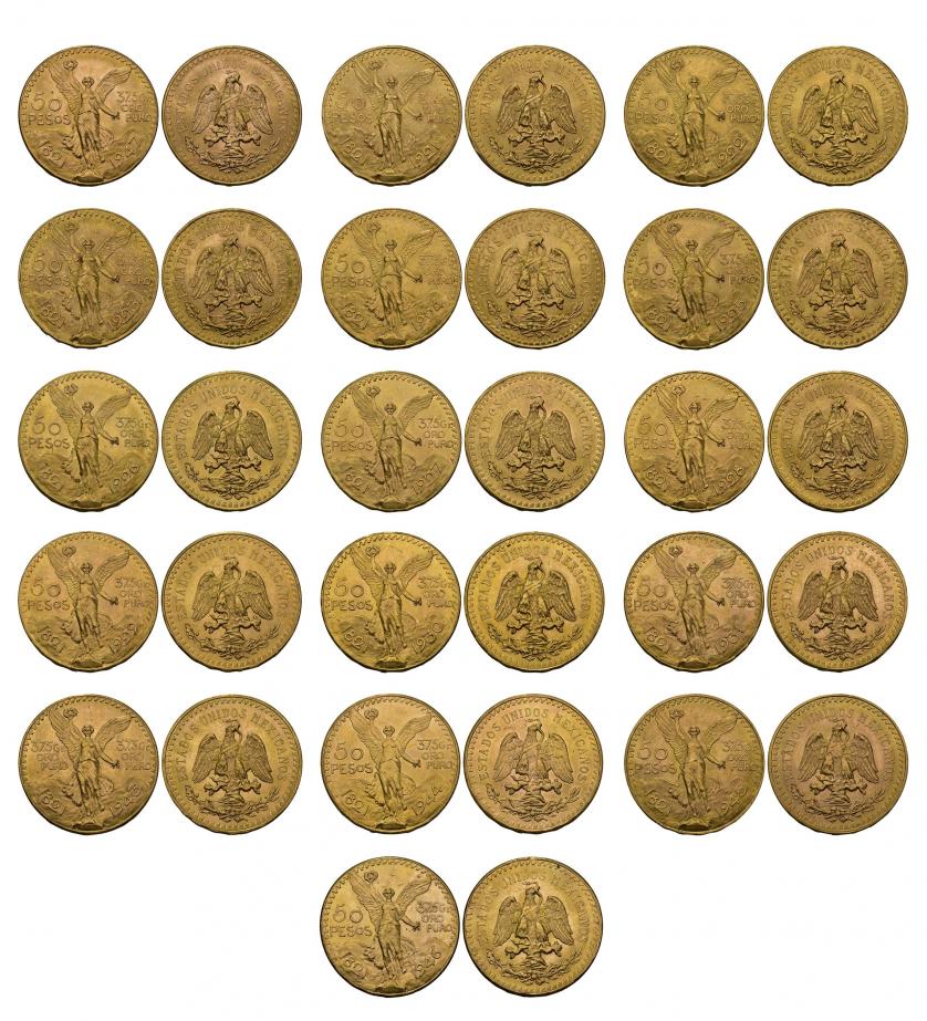 885   -  MONEDAS EXTRANJERAS. MÉXICO. Colección completa compuesta por 16 monedas diferentes de 50 pesos, fechas de 1821-1921 a 1821-1947. KM-481 y 482. EBC/SC.