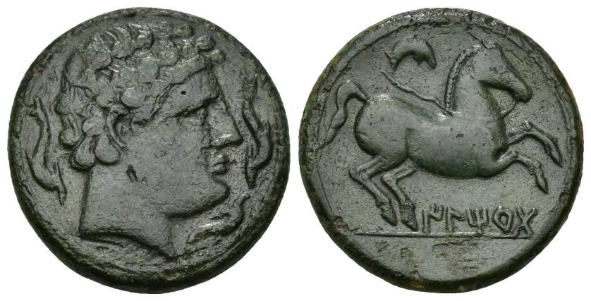 89   -  HISPANIA ANTIGUA. ILTIRTA. Semis. A/ Cabeza masculina a der., alrededor tres delfines. R/ Caballo galopando con rienda suelta a der., encima creciente, debajo sobre línea ILTiRTa. AE 11,88 g. 24,9 mm. I-1462. ACIP-1237. Pátina verde oscuro. MBC/MBC+. Rara. 