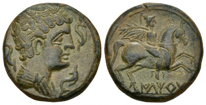 92   -  HISPANIA ANTIGUA. ILTIRTA. As. A/ Cabeza masculina con cuello vestido y fíbula a der., alrededor tres delfines. R/ Jinete con palma y clámide a der., debajo sobre línea ILTiRTa. AE 11,76 g. 25,8 mm. I-1645. ACIP-1261. Pátina verde. EBC.