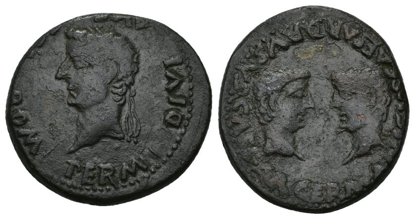 115   -  HISPANIA ANTIGUA. COLONIA ROMULA. Tiberio. As. A/ Cabeza radiada a izq.; PERM DIVI (AVG COL) ROM. R/ Cabezas afrontadas de Germánico y Druso; GERMANICVS CAESAR DRVSVS CAESAR. AE 14,75 g. 29,28 mm. I-2016. APRH-74. ACIP-3361. Pátina oscura. MBC-.