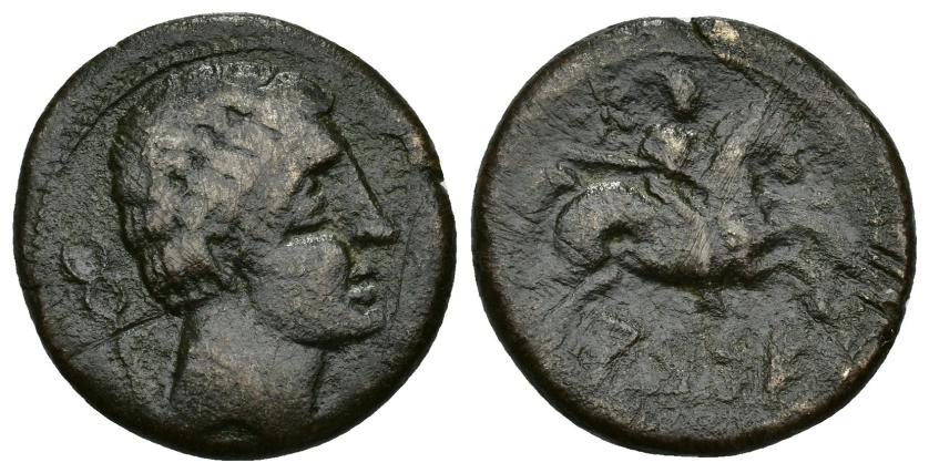 117   -  HISPANIA ANTIGUA. ARSE-SAGUNTUM. Unidad. A/ Cabeza masculina a der., detrás caduceo. R/ Jinete lancero a der., detrás estrella, debajo ARSE. AE 11,56 g. 27,3 mm. I-2072. ACIP-1971. Rayas en anv. MBC-. BC+.