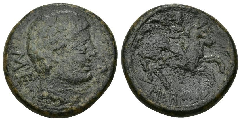 128   -  HISPANIA ANTIGUA. SEKAISA. As. A/ Cabeza masculina a der., delante delfín, detrás SE. R/ Jinete con palma a der., en exergo SEKaISA. AE 18,66 g. 29,78 mm. I-2121. ACIP-1544. Pátina oscura con erosiones. BC+.