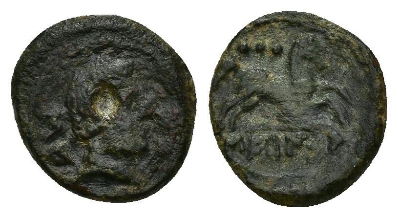 130   -  HISPANIA ANTIGUA. SEKAISA. Cuarto. A/ Cabeza masculina diademada a der., detrás SE. R/ Caballo galopando a der., encima tres glóbulos, bajo línea SEKaISA. AE 1,85 g. 13,34 mm. I-2150. ACIP-1546. Erosión en anv. Campos repasados. Pátina oscura. BC+/MBC. Rara. Ex Áureo, 16-12-1999, lote 2101.