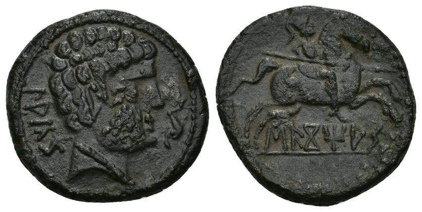 134   -  HISPANIA ANTIGUA. SEKOTIAS. As. A/ Cabeza masculina barbada a der., delante delfín, detrás LAKaS. R/ Jinete lancero a der., debajo sobre línea SEKoTiAS. AE 11,33 g. 27,66 mm. I-2154. ACIP-1880. Pátina oscura rugosa. MBC+/MBC. Ex Vico, 12-6-2014, lote 3036.