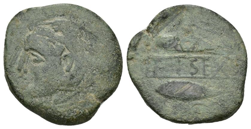 141   -  HISPANIA ANTIGUA. SEKS. Unidad. A/ Cabeza de Melkart a izq. con leonté y clava. R/ Dos atunes a izq., encima aleph y debajo yod, en medio, en cartela F I SEXS. AE 15,81 g. 27,51 mm. I-2236. ACIP-831. Pátina verde. BC+. Rara. Ex Áureo, 29-9-1998, lote 944.