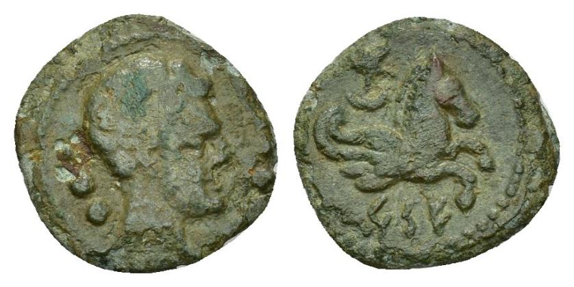 148   -  HISPANIA ANTIGUA. KESE-TARRACO. Cuadrante. A/ Cabeza masculina a der., detrás tres glóbulos. R/ Prótomo de Pegaso a der., encima creciente y estrella, debajo KeSE. AE 1,78 g. 14,79 mm. I-2326. ACIP-1114. Pátina verde claro. BC+/MBC. Rara. Compra privada Pliego (1994).