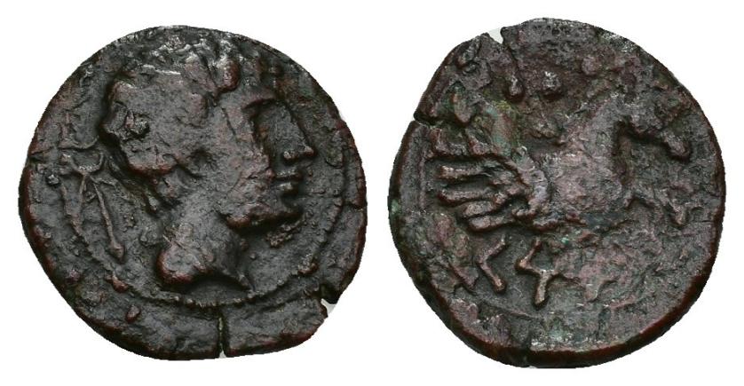 149   -  HISPANIA ANTIGUA. KESE-TARRACO. Cuadrante. A/ Cabeza masculina a der., detrás caduceo. R/ Prótomo de Pegaso a der., encima tres glóbulos, debajo KeS(E). AE 1,6 g. 15,73 mm. I-2330. ACIP-1133. Cospel abierto. Pátina rojiza. MBC-. Muy escasa. Ex Áureo, 19-9-1994, lote 640.