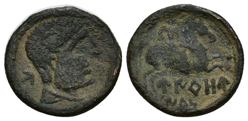 164   -  HISPANIA ANTIGUA. UIROUIAS. Unidad. A/ Cabeza masculina a der., detrás signo ibérico U. R/ Jinete lancero a der., debajo UIROU/IA sin línea. AE 11,05 g. 25 mm. I-2482. ACIP-1924. Pátina oscura rugosa. MBC-/BC+. Muy rara.