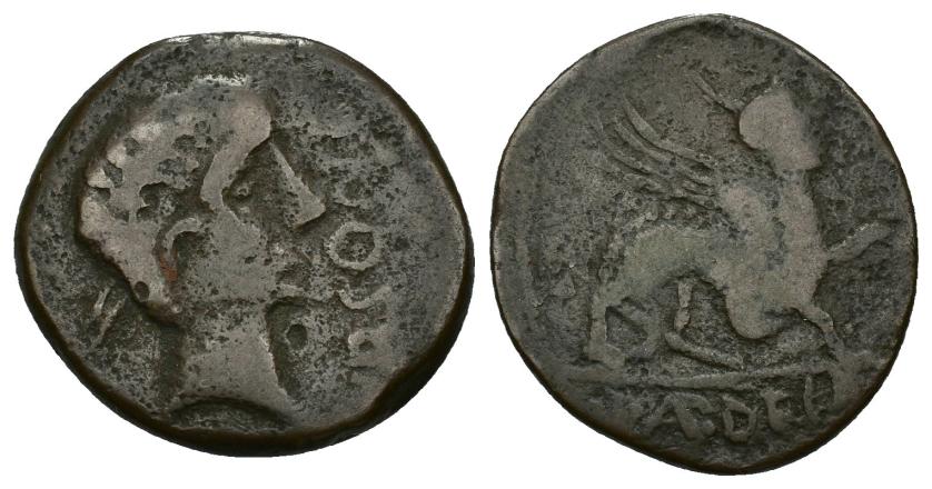 168   -  HISPANIA ANTIGUA. URSO. Unidad. A/ Cabeza masculina laureada a der., delante (V)RSONE. R/ Esfinge a der., en exergo (L) AP DEC (Q). AE 11,55 g. 27,7 mm. I-2498. ACIP-2327. BC+. Ex HSA 1001.1.23556.