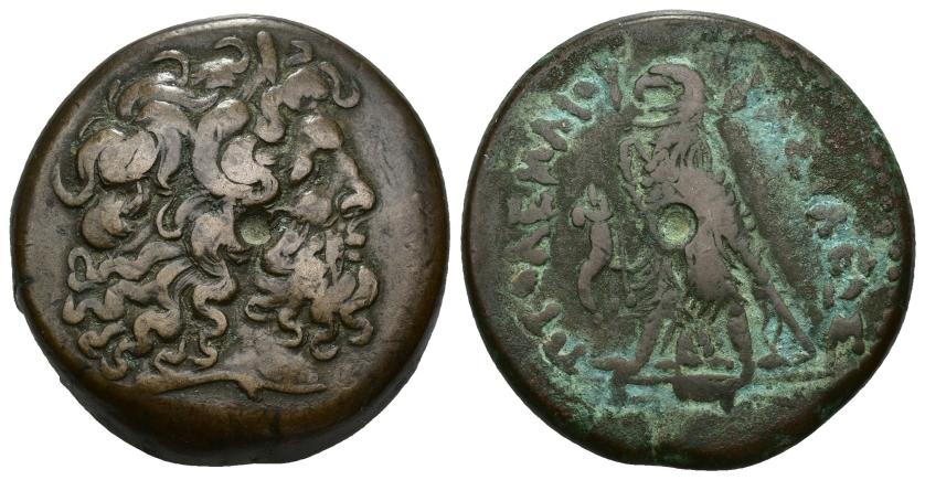 186   -  GRECIA ANTIGUA. EGIPTO. Ptolomeo IV. AE. A/ Cabeza de Zeus-Amón a der. R/ Águila a izq. sobre haz de rayos, delante cornucopia, entre las patas D? (poco visible). AE 68,40 g. AE 39,6 mm. COP-219? SBG-7846 vte. Punzón central en anv. y rev. MBC/MBC-.