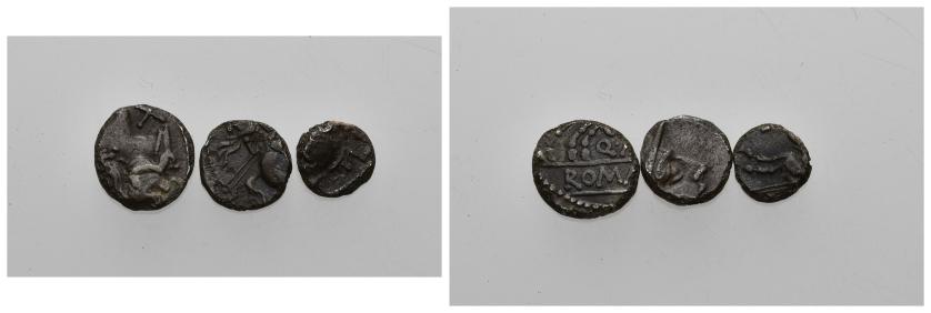 188   -  REPÚBLICA ROMANA. Lote de 3 denarios recortados para circular como fracciones. Pesos de 0,4 a 0,9 g. MBC.