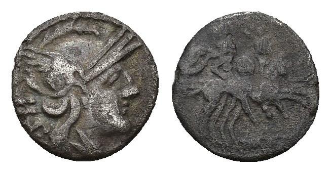 192   -  REPÚBLICA ROMANA. ANÓNIMO. Sestercio. Roma (211 a.C.) A/ Cabeza de Roma a der., detrás IIS. R/ Dióscuros a der., debajo ROMA. AR 0,98 g. 11,12 mm. CRAW-44.7. BC+.
