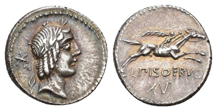 198   -  REPÚBLICA ROMANA. CALPURNIA. L. Calpurnuius Frugi. Denario. Roma (90 a.C.). A/ Cabeza de Apolo a der. R/ Jinete con palma al galope a der., debajo L PISO FRVGI/XV. AR 3,97 g. 17,95 mm. CRAW-340.1. FFC-255. MBC+/EBC-.