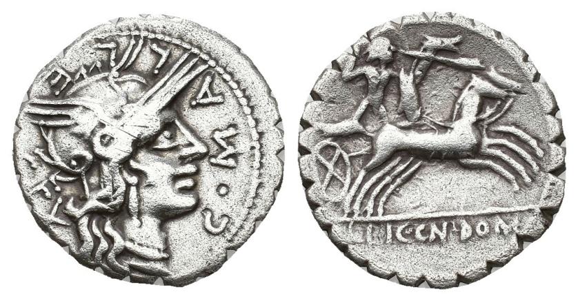 219   -  REPÚBLICA ROMANA. POBLICIA. C. Poblicius Malleolus C. f. Denario. Narbo (118 a.C.). A/ Cabeza de Roma a der.; C MALLE C F. R/ Bituitio en biga a der. con escudo, carnyx y lanzando jabalina, en exergo L LIC CN DOM. AR 3,79 g. 19,21 mm. CRAW-282.3. FFC-1010. Rayitas. MBC-.