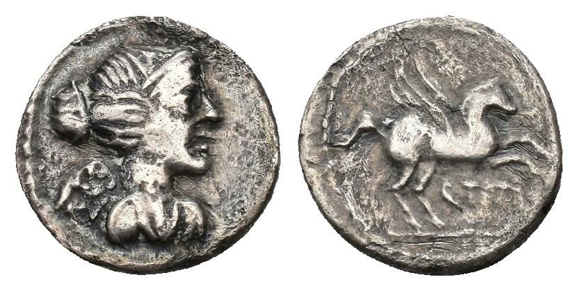 225   -  REPÚBLICA ROMANA. TITIA. Q. Titius. Quinario. Roma (141 a.C.). A/ Busto de Victoria a der. R/ Pegaso a der., debajo Q. TIITI. AR 1,49 g. 14,26 mm. CRAW-341.3. Porosidades. BC+.