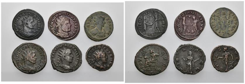 239   -  IMPERIO ROMANO. Lote de 6 antoninianos: Maximiano, Diocleciano, Probo (2), Tétrico II y Treboniano galo. BC+/MBC.