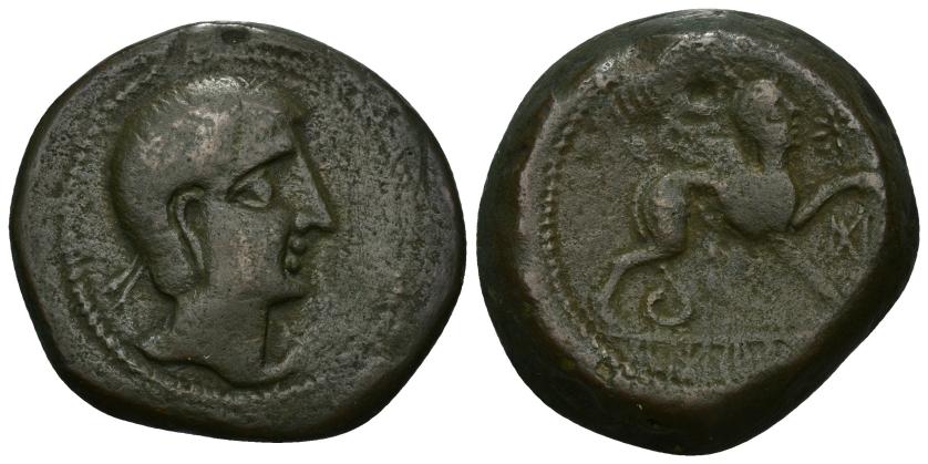 24   -  HISPANIA ANTIGUA. KASTILO-CASTULO. As. A/ Cabeza masculina diademada a der. R/ Esfinge avanzando a der., delante estrella y Ko, en exergo KaSTiLO. AE 26,14 g. 33,9 mm. I-697. ACIP-2113.  MBC-/BC+. Rara.