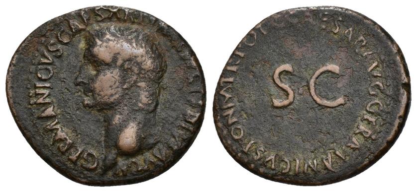 242   -  IMPERIO ROMANO. GERMÁNICO (bajo Calígula). As. Roma (37-38 d.C.). A/ Cabeza a izq.; GERMANICVS CAESAR (TI AVGVST) F DIVI AVG N. R/ SC, alrededor C CAESAR AVG GERMANICVS PON M TR POT. AE 12,22 g. 30,4 mm. RIC-35. MBC-. 