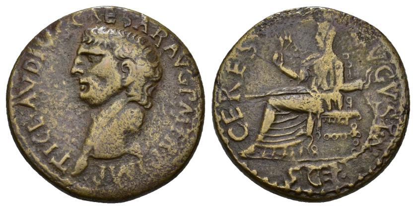 243   -  IMPERIO ROMANO. CLAUDIO I. Dupondio. ¿Imitación? A/ Cabeza a izq.; TI CLAVDIVS CAESAR AVG P M TR P IMP. R/ Ceres sentada a izq. con espigas y antorcha; CERES AVGVSTA, exergo S C. AE 12,90 g. 28,7 mm. RIC-94 sim. MBC-. 