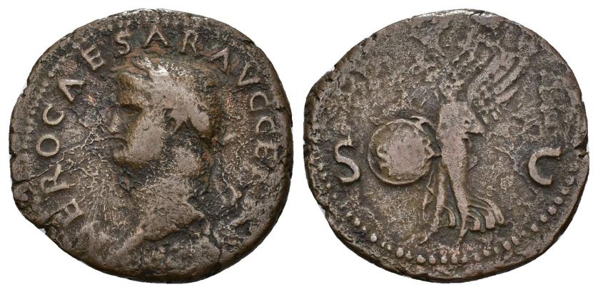 246   -  IMPERIO ROMANO. NERÓN. As. Roma (62-68 d.C.). A/ Cabeza laureada a izq.; NERO CAESAR AVG GERM(…). R/ Victoria con escudo con SPQR (poco visible) a izq.; S-C. AE 9,46 g. 28,2 mm. RIC-313. BC+.