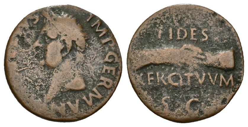 249   -  IMPERIO ROMANO. VITELIO. As. Tarraco (69 d.C.). A/ Cabeza laureada a izq.; (A VITELL)IVS IMP GERMAN. R/ Manos estrechadas; FIDES EXERCITVM/ SC. AE 6,88 g. 25,3 mm. RIC-42. BC.