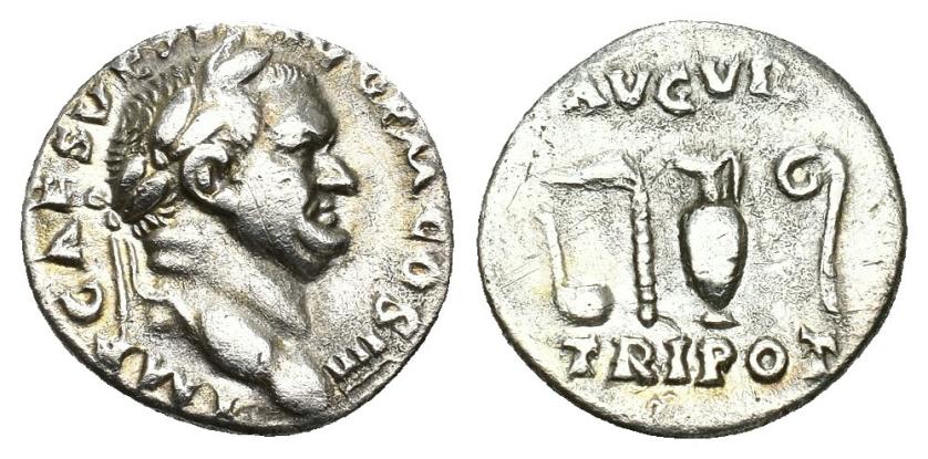 251   -  IMPERIO ROMANO. VESPASIANO. Denario. Roma (72-73 d.C.). A/ Cabeza laureada a der.; IMP CAES VESP AVG P M COS IIII. R/ Instrumentos sacerdotales; AVGVR/TRI POT. AR 3,12 g. 17,2 mm. RIC-356. MBC.