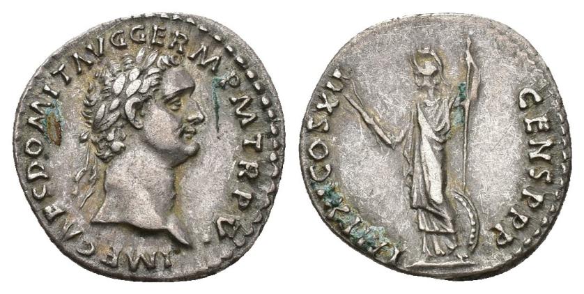 267   -  IMPERIO ROMANO. DOMICIANO. Denario. Roma (86 d.C.). A/ Cabeza laureada a der.; IMP CAES DOMIT AVG GERM P M TR P V. R/ Minerva a izq. con haz de rayos, lanza y escudo; IMP XI COS XII CENS P P P. AR 3,30 g. 19 mm. RIC-429. Leves oxidaciones. MBC+/MBC.