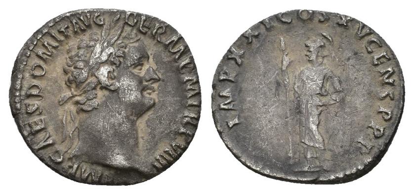 268   -  IMPERIO ROMANO. DOMICIANO. Denario. Roma (90 d.C.). A/ Cabeza laureada a der.; IMP CAES DOMIT AVG GERM P M TR P VIII. R/ Minerva con lanza a izq.; IMP XXI COS XV CENS P P P. AR 3,00 g. 18,7 mm. RIC-692. MBC-. 