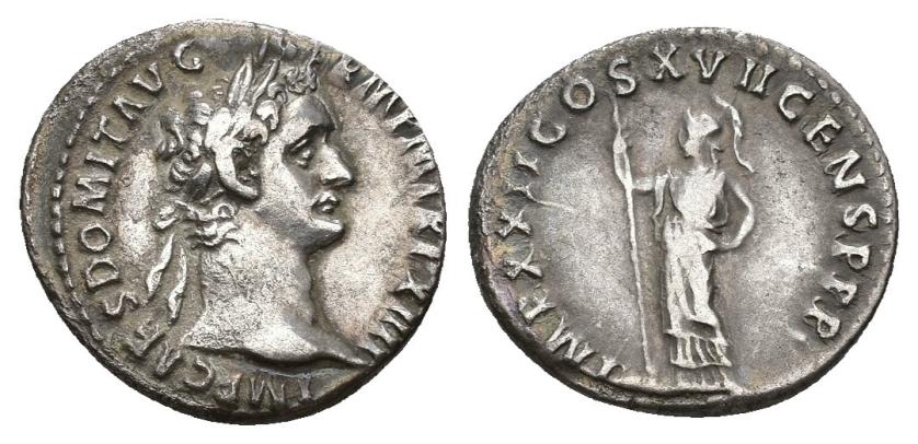 271   -  IMPERIO ROMANO. DOMICIANO. Denario. Roma (95d.C.). A/ Cabeza laureada a der.; IMP CAES DOMIT AVG GERM P M TR P XIIII. R/ Minerva con lanza a izq.; IMP XXII COX XVII CENS P P P. AR 3,19 g. 18,6 mm. RIC-773. MBC/MBC-. 