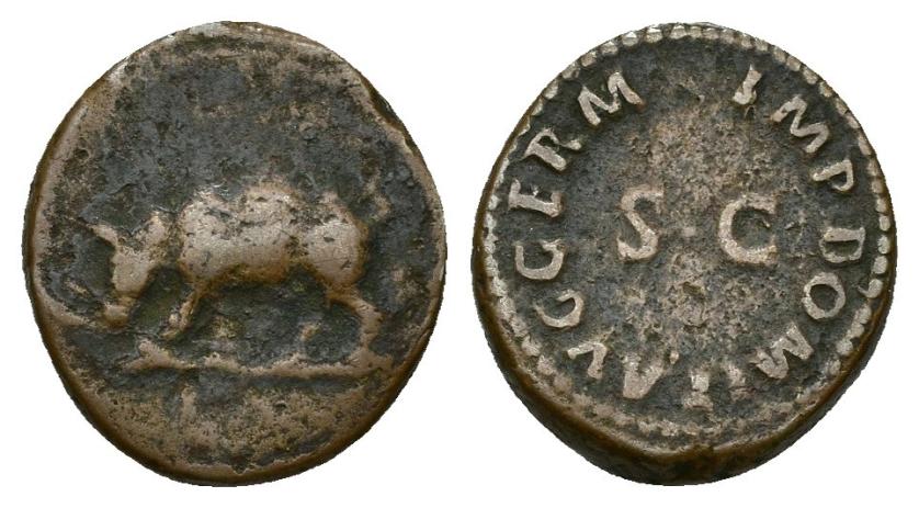 273   -  IMPERIO ROMANO. DOMICIANO. Cuadrante. Roma (84-85 d.C.). A/ Rinoceronte a izq. R/ S C, alrededor IMP DOMIT AVG GERM. AE 3,44 g. 16,7 mm. RIC-250. BC+.