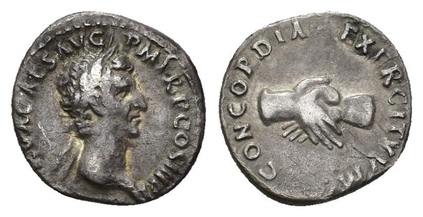 278   -  IMPERIO ROMANO. NERVA. Denario. Roma (97 d.C.). a/ Cabeza laureado a der.; (NE)RVA CAES AVG P M TR P COS III P P. R/ Manos entrelazadas; CONCORDIA EXERCITVVM. AR 3,04 g. 16,2 mm. RIC-14. MBC-/MBC.