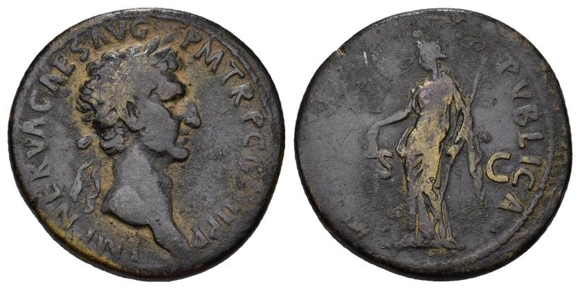 281   -  IMPERIO ROMANO. NERVA. Sestercio. Roma (97 d.C.). A/ Cabeza laureada a der.; IMP NERVA CAES AVG P M TR P COS III P P. R/ Libertas a izq. con pileus y cetro, S-C; (LIBERTAS) PVBLICA. AE 26 g. 34,3 mm. RIC-86. MBC-/BC-. 