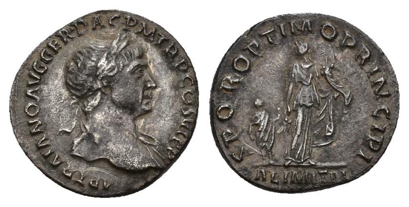 290   -  IMPERIO ROMANO. TRAJANO. Denario. Roma (112-114 d.C.). A/ Busto laureado y drapeado al hombro a der.; (I)MP TRAIANO AVG GER DAC P M TR P COS III. R/ Abundantia con espigas y cornucopia, a izq. niño; S P Q R OPTIMO PRINCIPI, en exergo ALIM ITAL. AR 3,07 g. 18,8 mm. RIC-243. MBC.