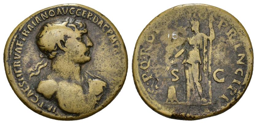 297   -  IMPERIO ROMANO. TRAJANO. Sestercio. Roma (103-111). A/ Busto laureado y drapeado al hombro a der.; IMP CAES NERVAE TRAIANO AVG GER DAC P M TR P (…). R/ Ceres a izq. con espigas y antorcha, delante modio; S P Q R OP(TI)MO PRINCIPI. AE 21,40 g. 34,5 mm. RIC-479. BC+. 