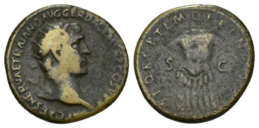 301   -  IMPERIO ROMANO. TRAJANO. Dupondio. Roma (103-111). A/ Cabeza radiada a der.; (IMP) CAES NERVAE TRAIANO AVG GER DAC P M TR P COS V P P. R/ Coraza, S-C; SPQR OPTIMO PRINC(IPI). AE 12,74 g. 27 mm. RIC-582. BC+/BC.